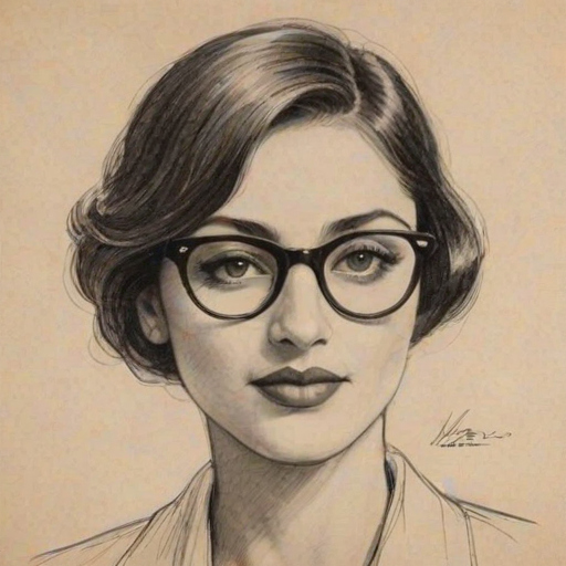 Fetching Iman Vellani, pencil sketch, portrait of Sublime woman 1928s in glasses, hair style beatnik, outline, clear lines, fine lines, 8k