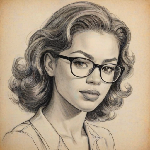 Fetching Toni Trucks, pencil sketch, portrait of Captivating woman 1941s in glasses, hair style beatnik, outline, clear lines, fine lines, 8k