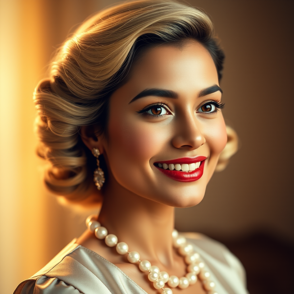 A beautiful Nepali woman reminiscent of 1950s Hollywood glamour, with perfectly styled blonde hair and a seductive smile, dressed in a satin blouse and adorned with pearls, soft and warm tones, photorealistic, 8K