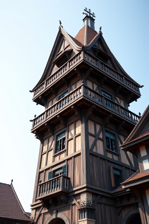 Create a highly detailed 3D render of a medieval style wooden tower with a sloped roof, featuring balconies and lanterns, shot with a DSLR camera at f/8 aperture, ISO 100, 24mm focal length, in bright daylight, from a low angle to emphasize the height and structure.