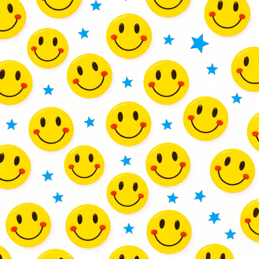 Create a repeating pattern of playful yellow smiley faces with varying expressions on a white background, featuring small blue stars interspersed, captured with a DSLR camera, 50mm lens, f/2.8 aperture, ISO 100, and natural lighting to enhance clarity and vibrancy.