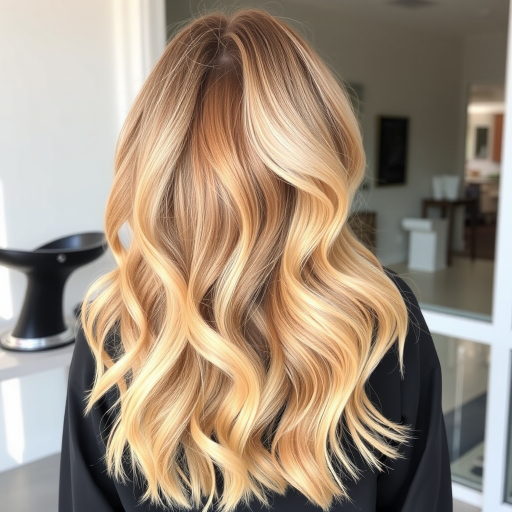Warm honey blonde beach waves known as "Golden Hour Glow" with subtle lowlights and sun-kissed highlights, styled effortlessly for a carefree vibe