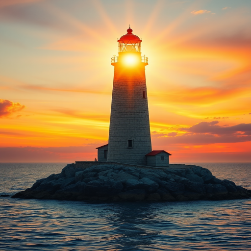 Generate an image of a tall lighthouse perched on a rocky outcrop surrounded by calm ocean waters during a breathtaking sunset. The lighthouse stands sturdy and weathered, its stone surface illuminated by the warm golden light of the setting sun. The sun's rays pass directly through the glass lantern room at the top of the lighthouse, casting a brilliant light across the scene. The sky is painted with vibrant shades of orange, pink, and purple, reflecting off the tranquil sea. The surrounding water shimmers with the same warm hues, creating a serene and majestic atmosphere.