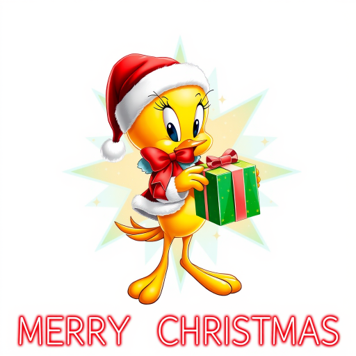 Merry Christmas” cosmic star art tweety bird wearing a Christmas hat and Santa jacket holding gift with a big bow tweety bird is extremely detailed and vibrant behind her is star cosmic design on white background that’s all Christmas colors red green white the words “MERRY CHRISTMAS” is written at the bottom in red electric font outline in black 3000dpi 32k