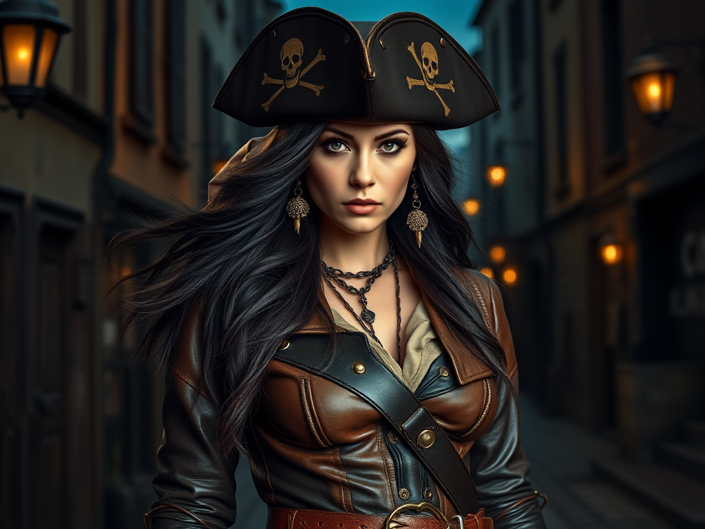 Create a portrait of a fierce female pirate. She wears a leather tricorn hat adorned with a skull and crossbones emblem, and her long, dark hair flows around her face. Her outfit consists of a richly detailed leather jacket, a corset, and multiple layers of belts and accessories, giving her a formidable and stylish appearance. She stands confidently in a dimly lit, historic port town, with a backdrop of weathered buildings and cobblestone streets, capturing the adventurous spirit of a pirate.