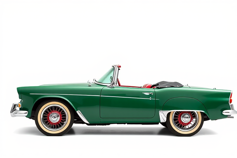 Create a high-resolution image of a classic green convertible car with pink wire wheels parked against a white background, shot with a DSLR camera, 50mm lens, aperture f/1.8, ISO 100, and natural light to enhance details and colors.