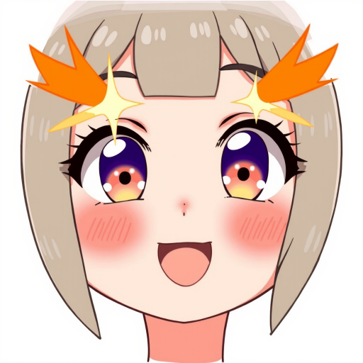 Create an illustration of a cute anime face with large, sparkling eyes featuring orange highlights. The face should have rosy cheeks and convey a joyful, lively expression. The style should be bright and cheerful, capturing the essence of kawaii art.