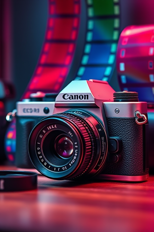 Create a retro-themed illustration of a film camera with film reels and vibrant colored film strips in the background, captured with a Canon EOS R5, 50mm lens, aperture f/1.8, ISO 100, natural lighting, high dynamic range.