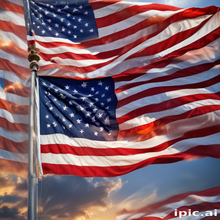 Vibrant American Flags Undulating Against a Beautiful Sunset Sky Background