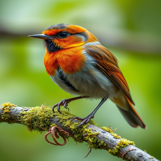 Capture a close-up of a small colorful bird perched on a moss-covered branch, with a blurred natural background, use a Canon EOS 5D Mark IV, 200mm lens, aperture f/4, ISO 800, shutter speed 1/500s, natural light, focused on the bird.