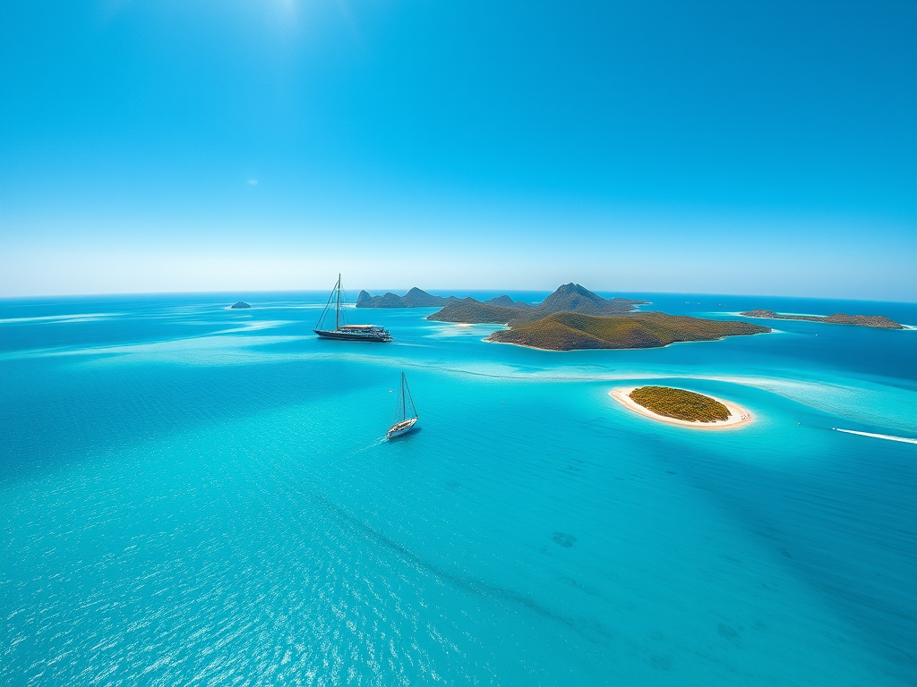 regenerate the image of a stunning turquoise sea with sailboats and mountainous islands under a clear blue sky using a drone camera view, with a resolution of 4K, aperture f/8, ISO 100, and shutter speed 1/250s to enhance image quality