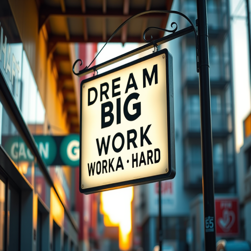 Create a vibrant urban scene with a hanging sign that reads "DREAM BIG - WORK HARD" in bold typography, captured with a Canon EOS R5, 85mm lens, f/1.8 aperture, ISO 100, at golden hour for warm lighting, shallow depth of field to blur the background.