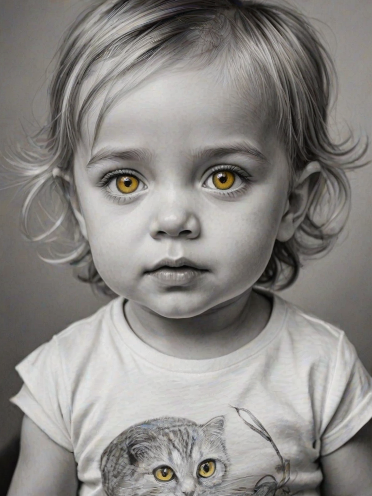 A hyperdetailed photorealistic black and white sketch of a beautiful toddler with deep Yellow eyes, with a macro focus