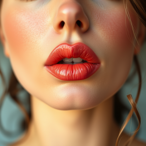 Romantic woman lips adorned with soft coral tint and dewy finish, full face capture highlighting natural beauty and gentle grace
