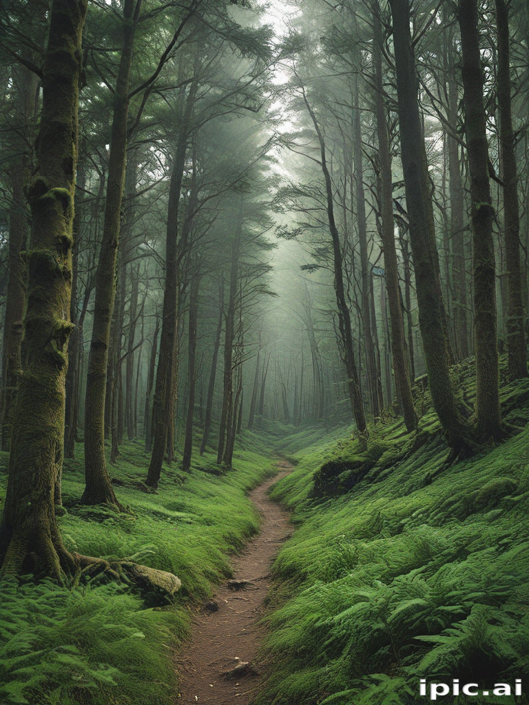 A Serene Forest Path Surrounded by Lush Greenery and Misty Atmosphere
