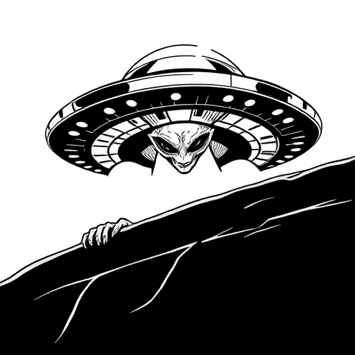 Create an illustration of a UFO with a sinister-looking alien peering over the edge, using a low angle view, high contrast black and white color scheme, and ensure sharp lines, 24mm focal length, f/2.8 aperture, ISO 100, and a digital illustration style.