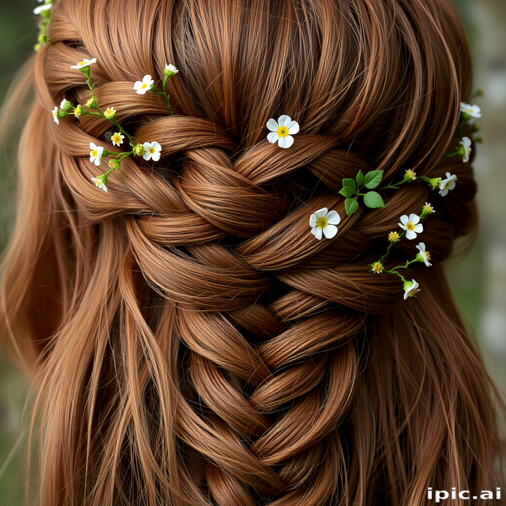 Warm chestnut brown hair woven into an intricate crown braid, adorned with tiny wildflowers and delicate vines, evoking the essence of a woodland fairy queen.
