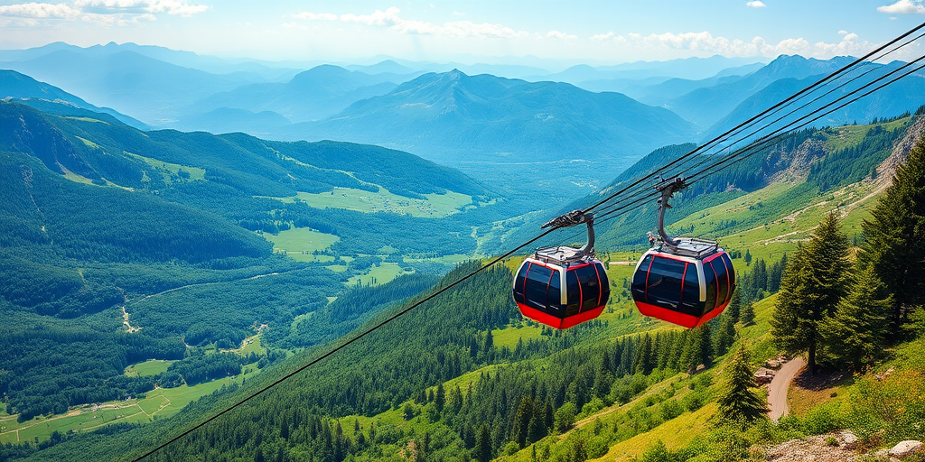 Create a vibrant mountain landscape scene featuring two gondolas in motion against a backdrop of lush green valleys and distant peaks, captured with a DSLR camera at f/8, ISO 200, 1/200s, wide-angle lens, in natural daylight for enhanced clarity and color saturation.