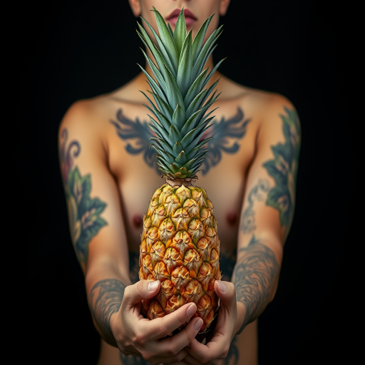 regenerate an artistic image of a person with floral body tattoos holding a pineapple, using a 50mm lens at f/1.8, ISO 200, with dramatic lighting from above and a black background, capturing a soft focus effect for enhanced depth and richness in colors.