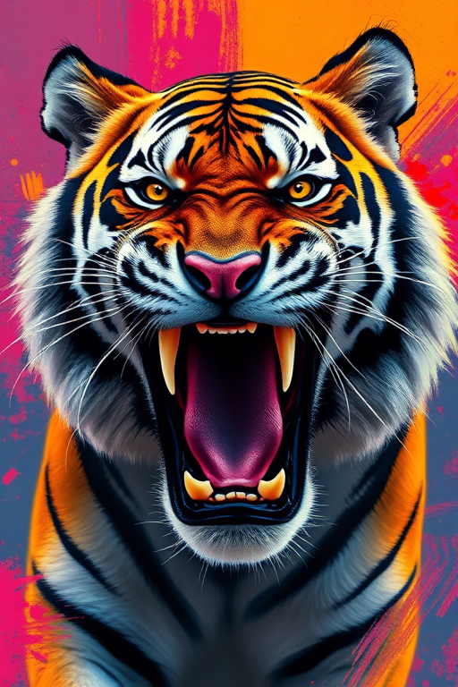 Create a high-resolution portrait of a roaring tiger with vivid colors and dramatic brush strokes, using a DSLR camera, 50mm lens, f/1.8 aperture, ISO 100, 1/500 sec exposure, with a dynamic angle and vibrant background for added depth.