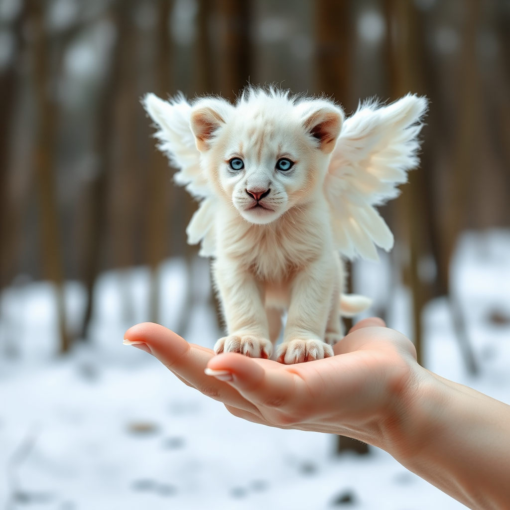 A small, white lion cub with angelic wings standing on a human hand. The cub has a soft, fluffy texture with detailed fur, expressive blue eyes, and a curious expression. The wings are large and feathery, blending seamlessly with its fur, giving an ethereal appearance. The background is a winter forest, with the ground covered in snow and blurred brown trees, creating a serene atmosphere. The human hand in the foreground is positioned palm-up, supporting the lion cub gently, fingers slightly curled. The lighting is soft and diffused, enhancing the tender and magical feel of the scene. Colors are predominantly neutral with white, cream, and soft browns, contrasting with the subtle blue of the lion cub's eyes. The overall composition is balanced, with the cub at the center, creating a focal point that draws the viewer's attention immediately.