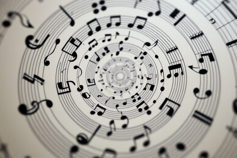 Create an intricate spiral design made of musical notes, capturing the essence of rhythm and melody with a high-resolution digital look, using a DSLR camera at f/8 aperture, ISO 100, 50mm lens, in a soft focus style.