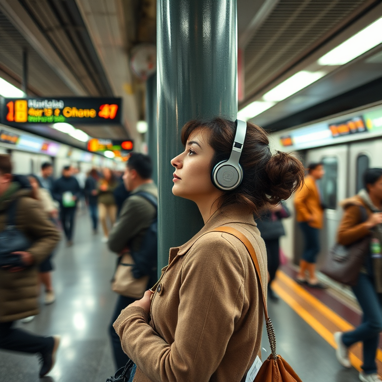 Bustling subway station, the hustle and bustle of commuters rushing past as a woman leans against a pillar, lost in thought, headphones in her ears.
