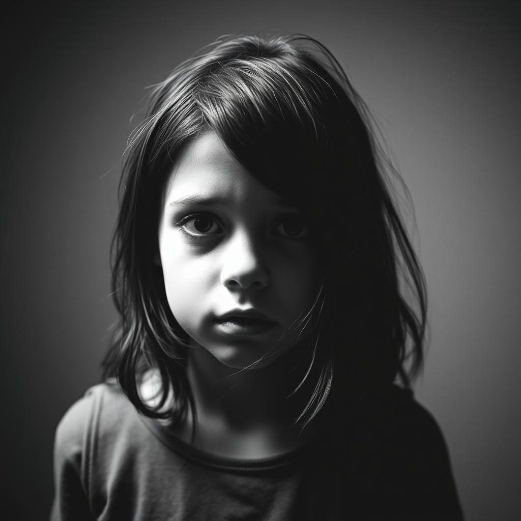 Create a high-contrast monochrome portrait of a distressed girl with dark hair and haunting features, shot in low light using a Canon EOS R5 with a 50mm f/1.2 lens, ISO 800, shutter speed 1/60s, in a moody and atmospheric style with film grain and a textured overlay.