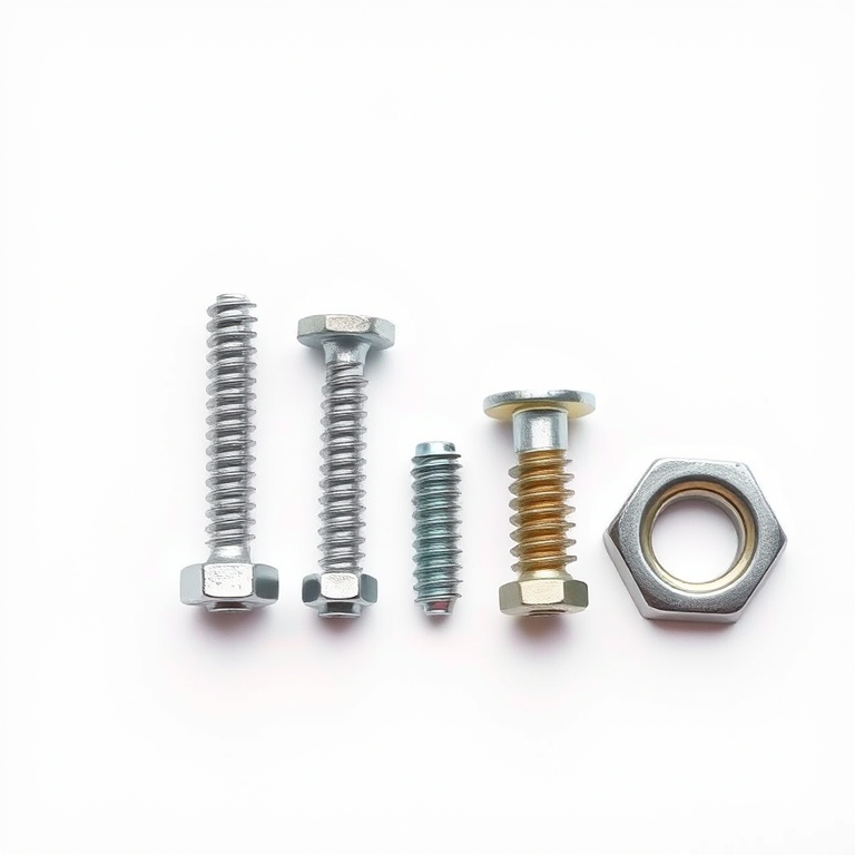 Create a high-resolution image of three different types of screws and one nut arranged in a line on a white background, using a DSLR camera, aperture f/8, ISO 100, 50mm lens, with a softbox lighting setup for even illumination and shadows.