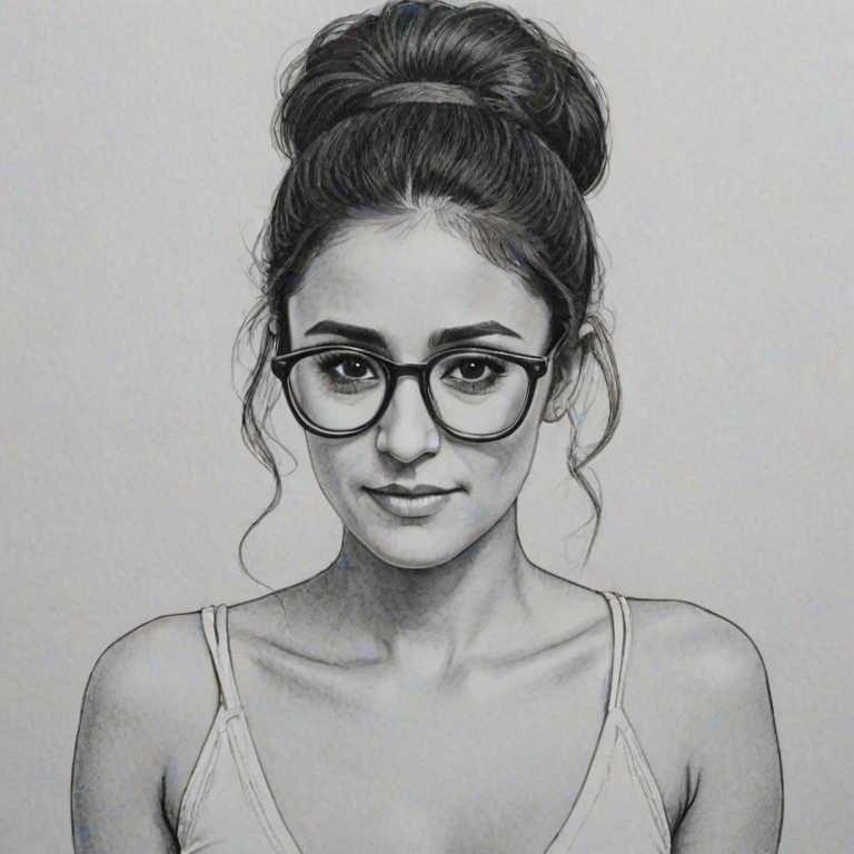 Captivating Emmanuelle Chriqui, pencil sketch, portrait of Sublime woman 1975s in glasses, hair style beatnik, outline, clear lines, fine lines, 8k