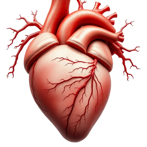 Create a highly detailed digital illustration of a human heart with intricate vascular details, use a macro lens with a wide aperture of f/2.8, low ISO setting of 100 for minimal noise, and a resolution of 300 DPI to enhance clarity and sharpness, with a clean white background for contrast and maximum visibility.