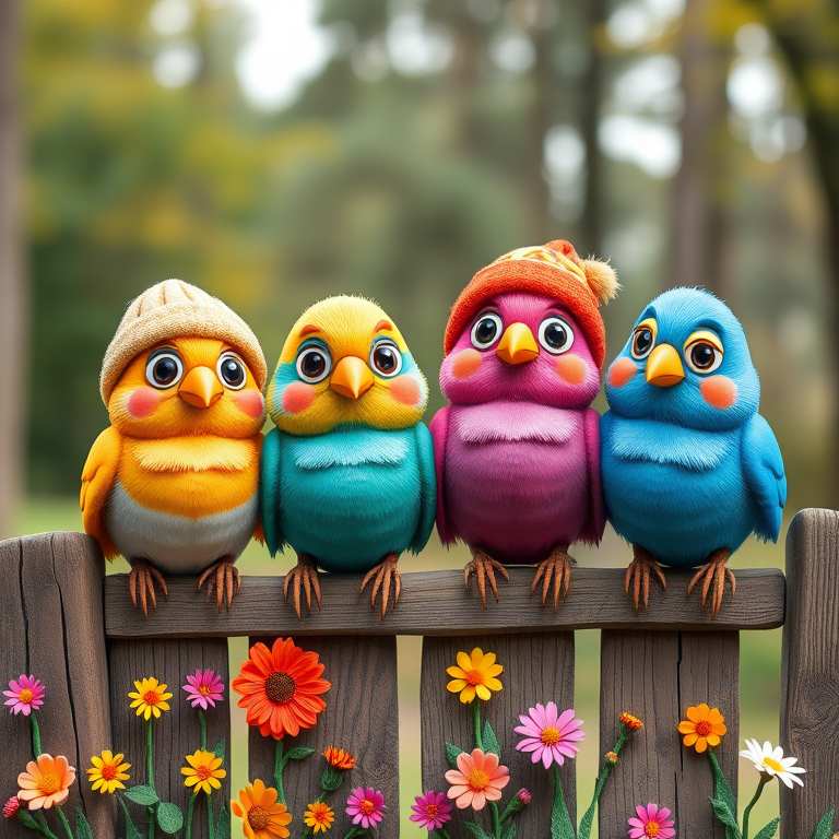 create a scene of 4 quirky  whimsical colourful comical birds each with a funny expression. they are sat on a wooden fence with colourful flowers. they are all different sizes. each one is a different colour  one is wearing a woolly hat. Each one has a different quirky google expression and there is a muted background of trees watercolour paintierly style high definition 8k resolution 3D paper mache