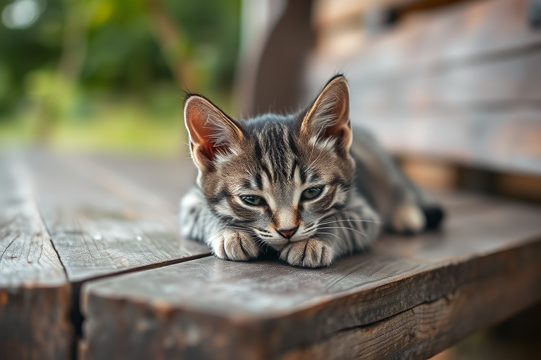 A close-up of a gray tabby kitten resting on an old wooden bench in a rustic outdoor setting, captured with a DSLR camera at f/2.8 aperture, ISO 100, 1/200 sec shutter speed, natural light, shallow depth of field, and a soft focus background.