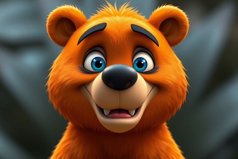 Create a cartoon-style image of a bear with an exaggerated expression, bright orange fur, blue eyes, and a friendly demeanor, captured with a Canon EOS 5D Mark IV camera, 50mm lens, f/2.8 aperture, ISO 100, natural lighting, sharp focus, vibrant colors.