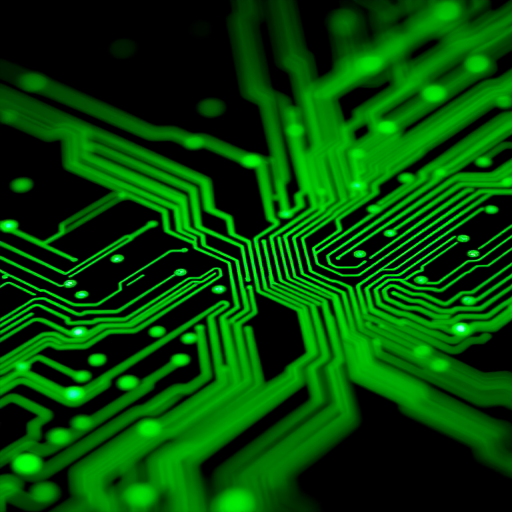 create a vibrant and intricate circuit board design with glowing green lines on a black background, using a DSLR camera with a 50mm lens, f/1.8 aperture, ISO 100, 1/60 shutter speed, macro view, and high dynamic range style to enhance image quality