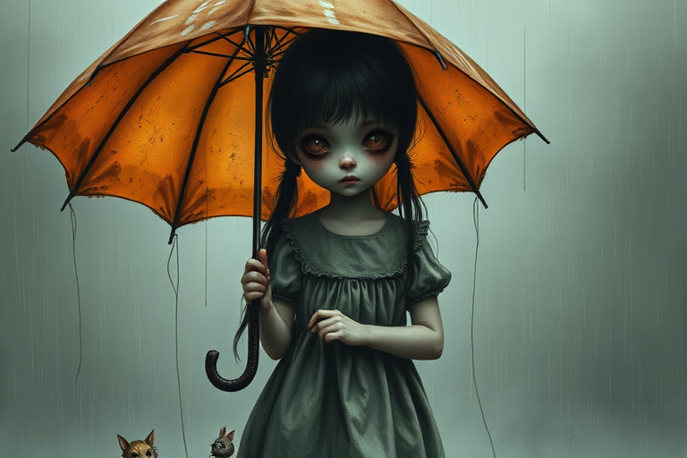 An eerie, weird little girl with dark hair in thin pigtails, wearing a smock dress, standing in the rain, holding a dirty orange umbrella, a small, odd creature beside her. In a surreal style inspired by Nicoletta Ceccoli and Brian Froud. Dark fantasy themes