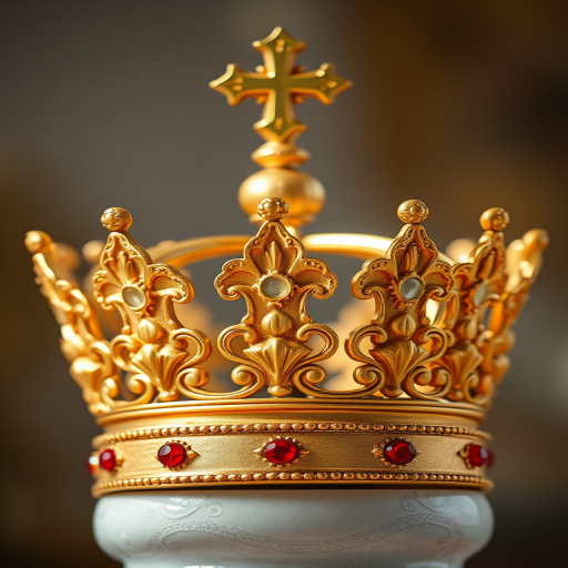 Create a highly detailed image of a golden crown with ornate designs and a cross on top, captured with a DSLR camera at f/1.8, 50mm lens, ISO 100, in natural light to enhance texture and depth, with a shallow depth of field for a soft background blur.
