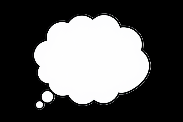 Create a thought bubble graphic with a clean white interior and black outline, using a high-resolution digital format, with a soft shadow effect, captured with a DSLR camera at f/2.8 aperture, 50mm lens, and a shallow depth of field for enhanced clarity.