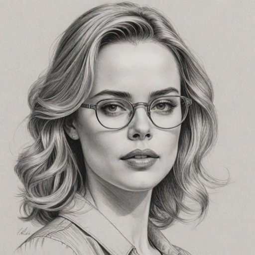 Elegant Melissa George, pencil sketch, portrait of Lovely woman 1980s in glasses, hair style beatnik, outline, clear lines, fine lines, 8k