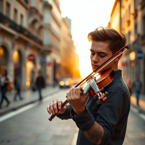 Regenerate the image of a young man playing the violin on a city street, using a Canon EOS R5 camera with a 50mm lens at f/1.8, ISO 100, shutter speed 1/200s, in soft natural light during golden hour, shot from a low angle to emphasize depth and focus on the musician while blurring the background.