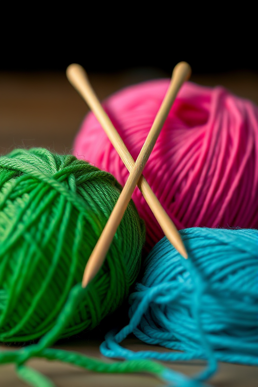 Create a high-resolution image of two balls of yarn, one green and one pink, crossed by a pair of knitting needles, captured with a Canon EOS R5, at f/2.8, ISO 100, 50mm lens, using a soft focus style to enhance color vibrancy and texture.