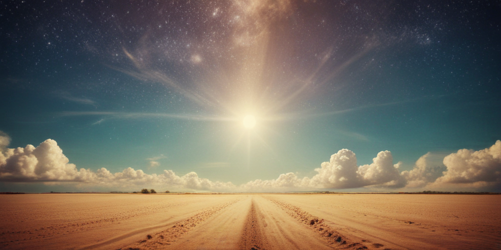 Endless Desert Road Under a Bright Sun and Starry Sky