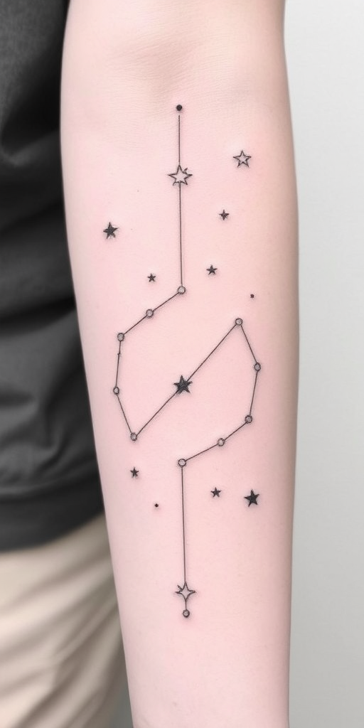 Minimalist fine line tattoo named "Whispered Constellations" featuring delicate star patterns connected by thin lines to form celestial shapes, incorporating subtle dotwork and negative space for a celestial aesthetic