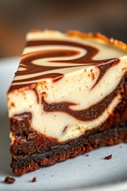 Create an image of a close-up slice of a marbled brownie cheesecake with a smooth creamy top and a rich chocolatey base showing distinct layers and swirls of light and dark chocolate. The edge of the cake should have a textured appearance with a golden-brown crust. The background should be softly blurred to emphasize the dessert.