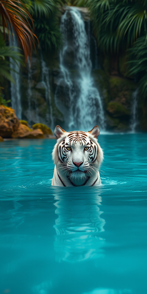 A majestic white tiger emerging from a serene blue lagoon surrounded by lush greenery and cascading waterfalls, captured with a Canon EOS R5, 50mm lens, f/1.8 aperture, ISO 100, soft natural lighting to enhance details and colors.