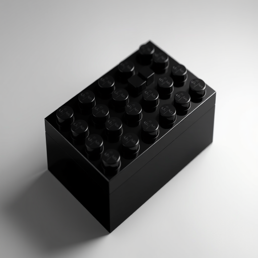 Create a 3D rendered image of a single black and white Lego brick, focused on a top-down view, with lighting emphasizing its glossy surface, using a DSLR camera at f/8, ISO 100, 50mm lens, high resolution.