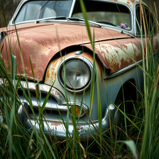 an abandoned vintage car partially hidden in tall grass with a focus on the rusted front and damaged hood, shot at f/2.8, shutter speed 1/200s, ISO 100, at a low angle with a wide-angle lens for depth, using a DSLR camera