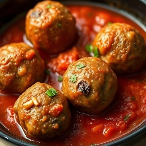 A close-up shot of a black bowl filled with savory meatballs in rich tomato sauce, natural lighting, soft focus, ISO 200, f/4 aperture, 50mm lens, DSLR camera.