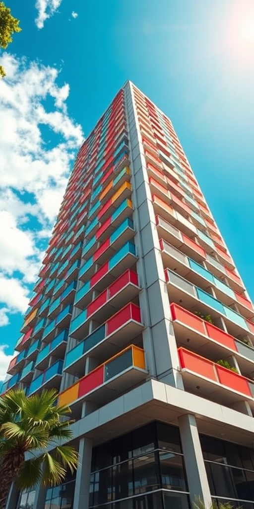 Capture a low-angle view of a modern high-rise building with colorful balconies in vibrant sunlight, aperture f/8, ISO 200, shutter speed 1/250s, using a DSLR camera with a wide-angle lens.