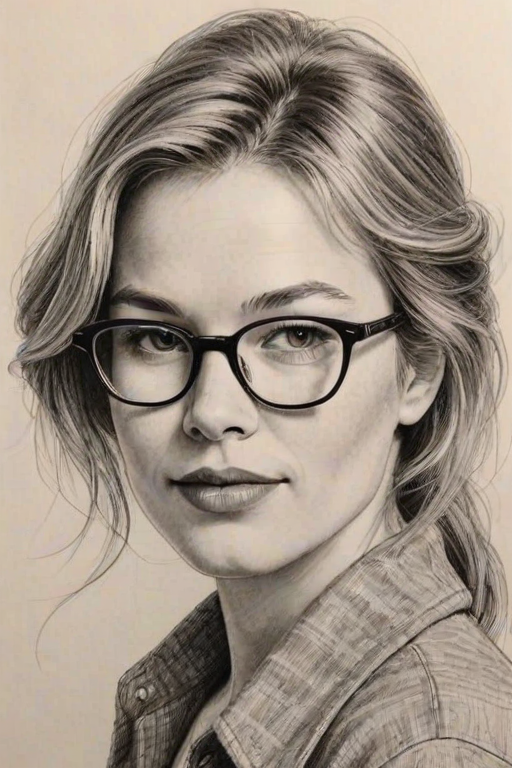 Comely Ren'e Zellweger, pencil sketch, portrait of Lovely woman 1979s in glasses, hair style beatnik, outline, clear lines, fine lines, 8k